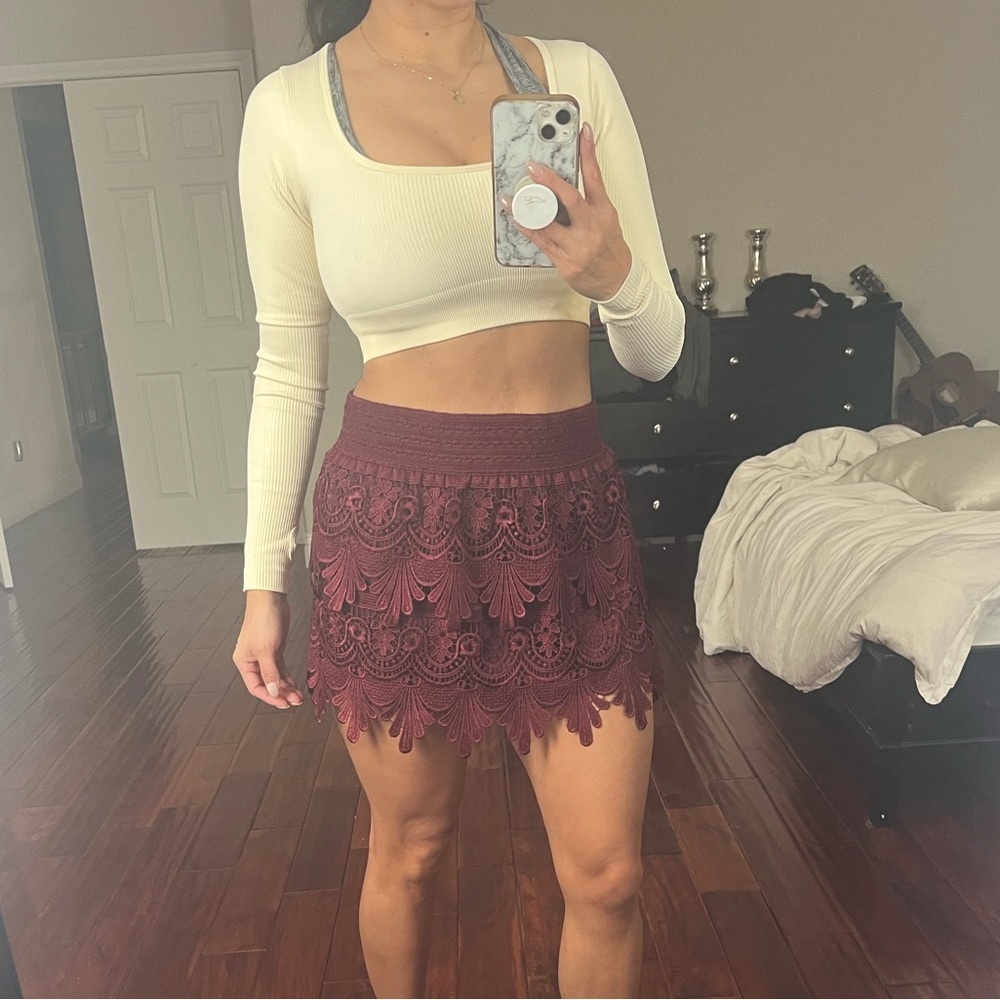 Crochet, maroon skirt
